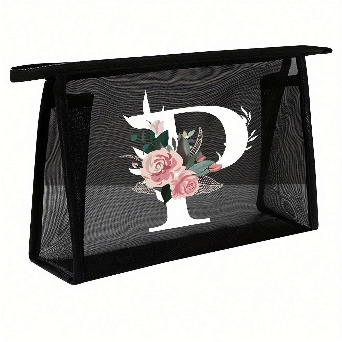 1pc Black Mesh Toiletries Storage Bag | Large Capacity Pink Flowers With White Letters A-Z, Transparent Mesh, Multi-Functional Travel Portable Bag, Lipstick Skin Care Storage, Easy And High-End, Jewelry Storage, Foldable And Lightweight