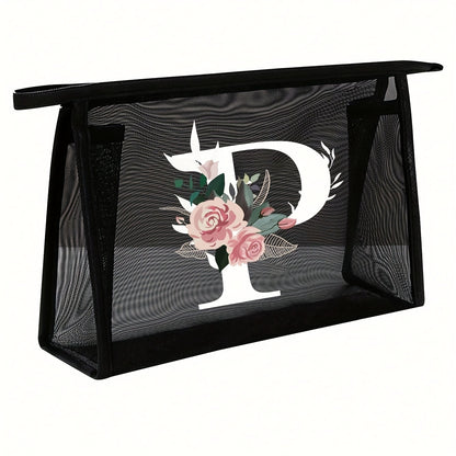 1pc Black Mesh Toiletries Storage Bag | Large Capacity Pink Flowers With White Letters A-Z, Transparent Mesh, Multi-Functional Travel Portable Bag, Lipstick Skin Care Storage, Easy And High-End, Jewelry Storage, Foldable And Lightweight