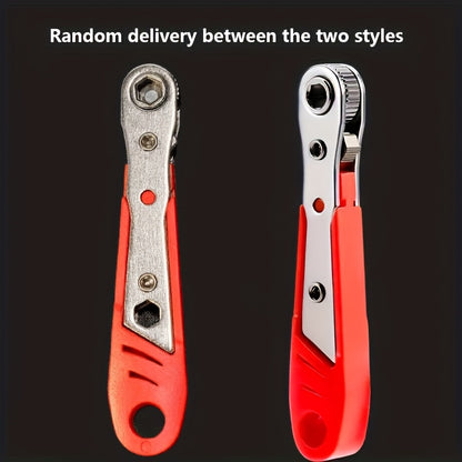 A Red Ratchet Screwdriver with a Narrow Space Ratchet Handle, Allowing for Forward And Backward Operation in Five Different Positions. It Features an Elbow Right-Angle Design And Includes a Phillips Screwdriver Function. The Non-Slip Grip Makes It Suitabl