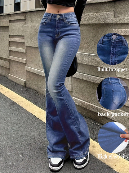 Women'S High-Stretch Retro Flare Jeans - Slim Fit Mid-Rise Bell Bottoms with Slant Pockets, Washed Blue Denim & Built-In Zipper, All-Season Casual Wear, High Waisted Jeans, Comfortable Fashion, Durable Fabric, Versatile Bottoms, Vintage Style, Quality Sti
