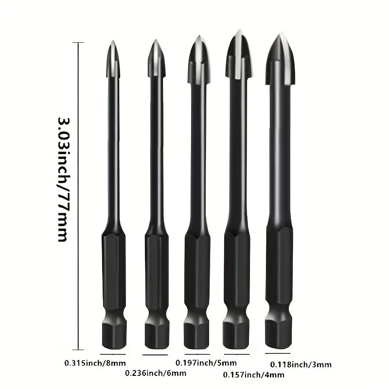 5pcs High-efficiency  Drilling Tool, Hexagonal Shank Cross Reaming Triangular Drill Bit, Glass Ceramic Woodworking Electric Tool, Hard Alloy Rust Proof Accessory, Cross Spear Head Drill Bit 3/4/5/6/8mm