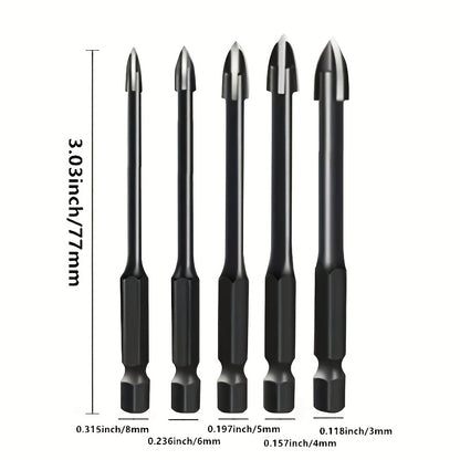 5pcs High-efficiency  Drilling Tool, Hexagonal Shank Cross Reaming Triangular Drill Bit, Glass Ceramic Woodworking Electric Tool, Hard Alloy Rust Proof Accessory, Cross Spear Head Drill Bit 3/4/5/6/8mm
