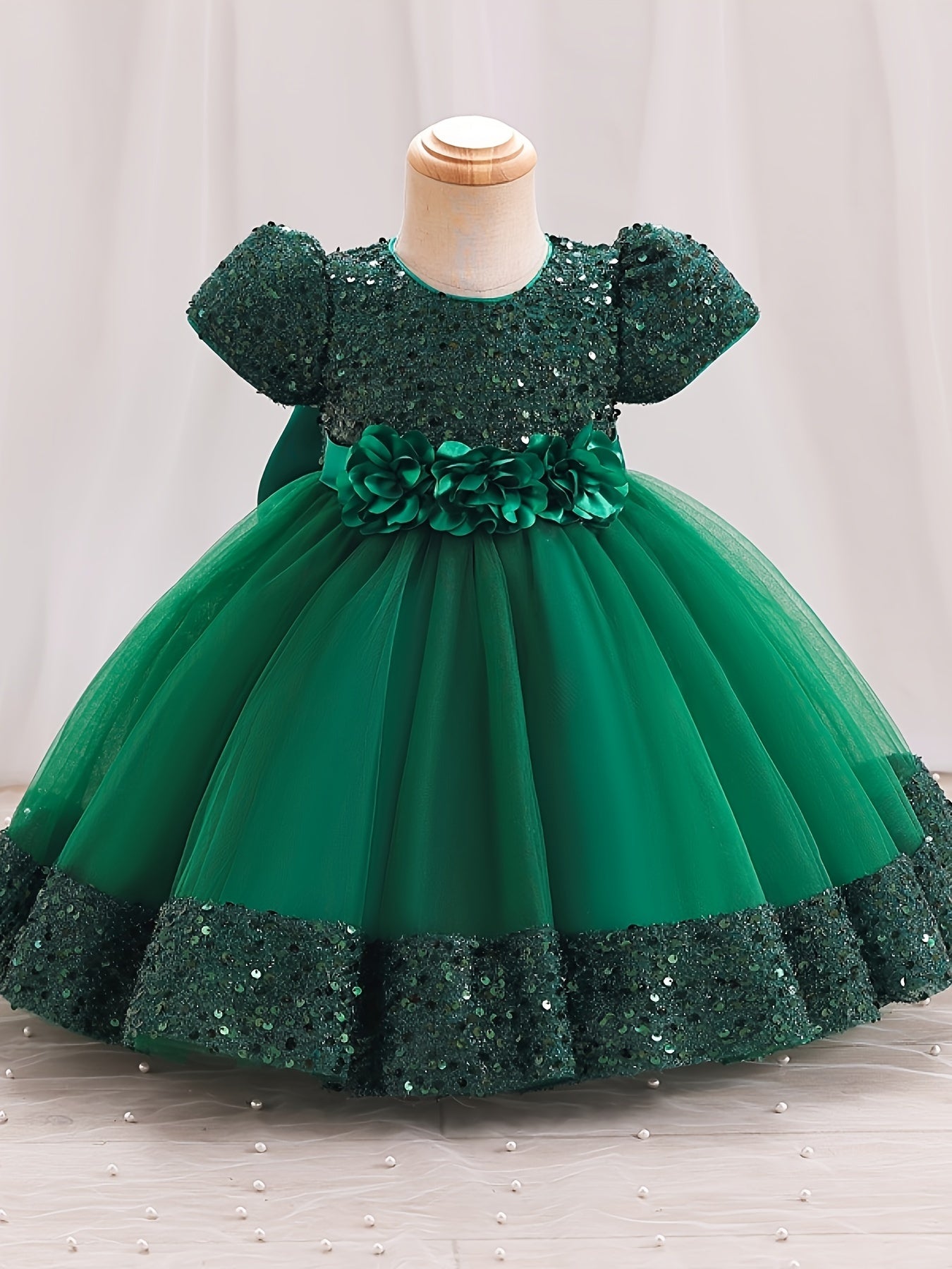Sequined Children's Gown with Puffy Tulle Princess Dress for Baby Girl's First Birthday Party