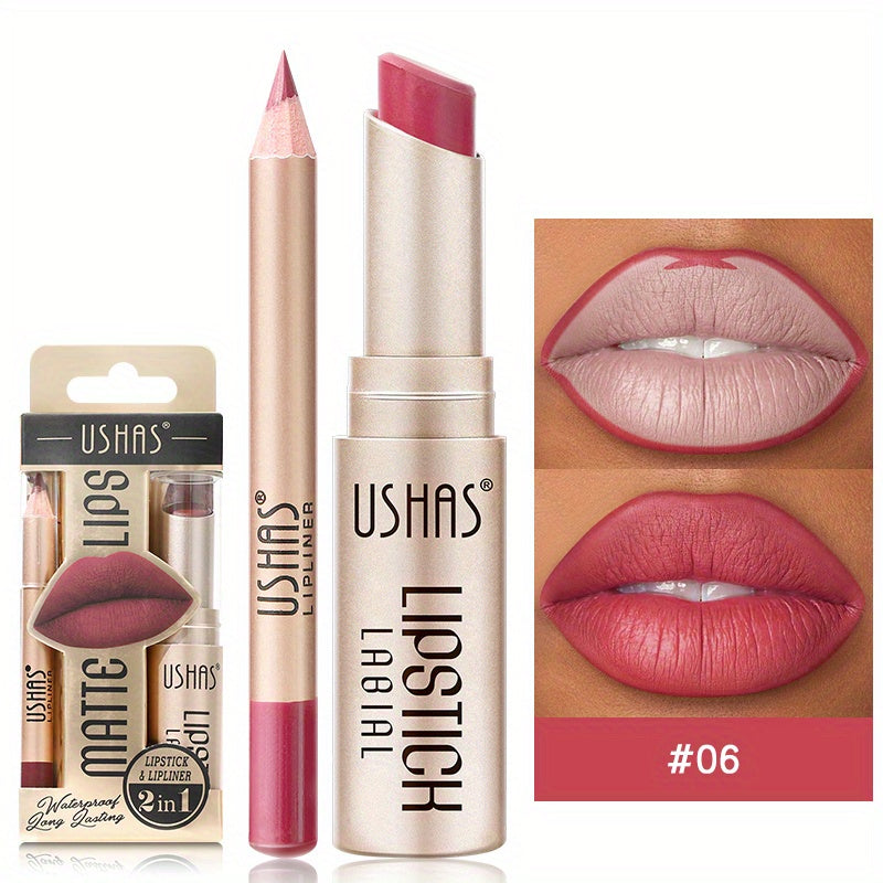 24 Hour Waterproof Velvet Matte Lipstick + Lip Liner - Nonstick Cup Lipgloss Lip Stain Pigmented Lip Makeup - Golden Box Nude Lipstick Valentine's Day Gifts