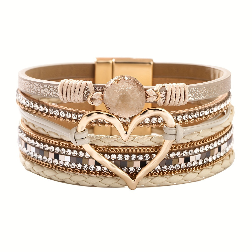 Bohemian Multi-Layer Imitate Faux Leather Bracelet Hand-Woven Bracelet Golden Big Heart Ladies Fashion Bracelet