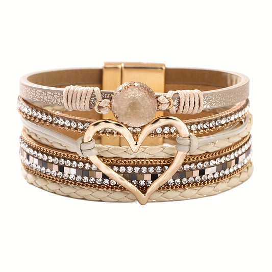 Bohemian Multi-Layer Imitate Faux Leather Bracelet Hand-Woven Bracelet Golden Big Heart Ladies Fashion Bracelet