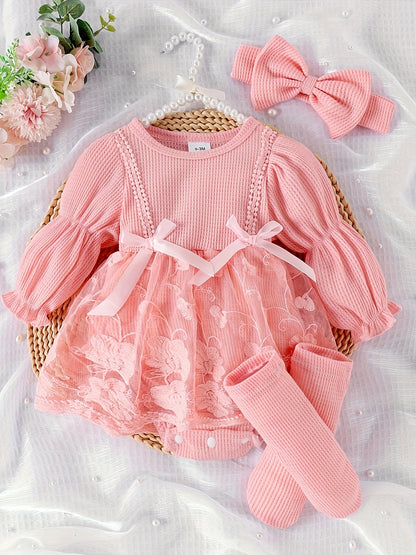 Autumn And Winter Baby Waffle Lantern Sleeve Mesh Romper with Socks And Headband, for Outdoor