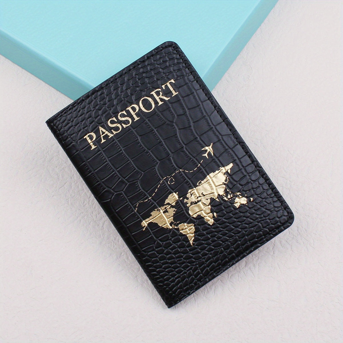 Black Crocodile-Embossed Travel Passport Holder with Golden Lettering & World Map Design - Lightweight, Anti-Theft Synthetic Leather Document Organizer for Vacations