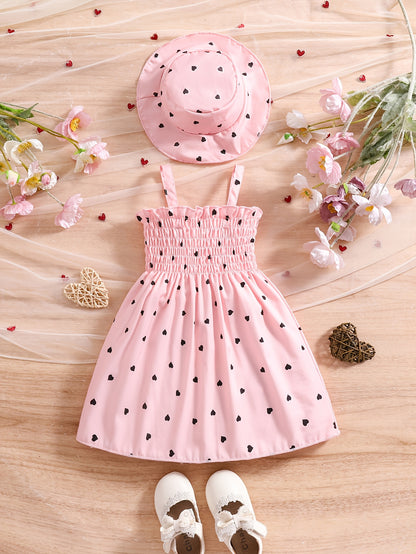 Girls' 0-3 Years Summer 2pcs Set: Sleeveless Heart Print Wrap Camisole Dress + Hat Princess Dress, Two Colors Available