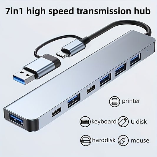 3.0 7-in-1 USB C Hub, 5V Power Mode, Compatible with Tablet, USB Interface, High-Speed Data Transfer, 7 Ports for Printer, Keyboard, U Disk, Hard Disk, Mouse, and More, Durable and Reliable USB Hub for Everyday Use