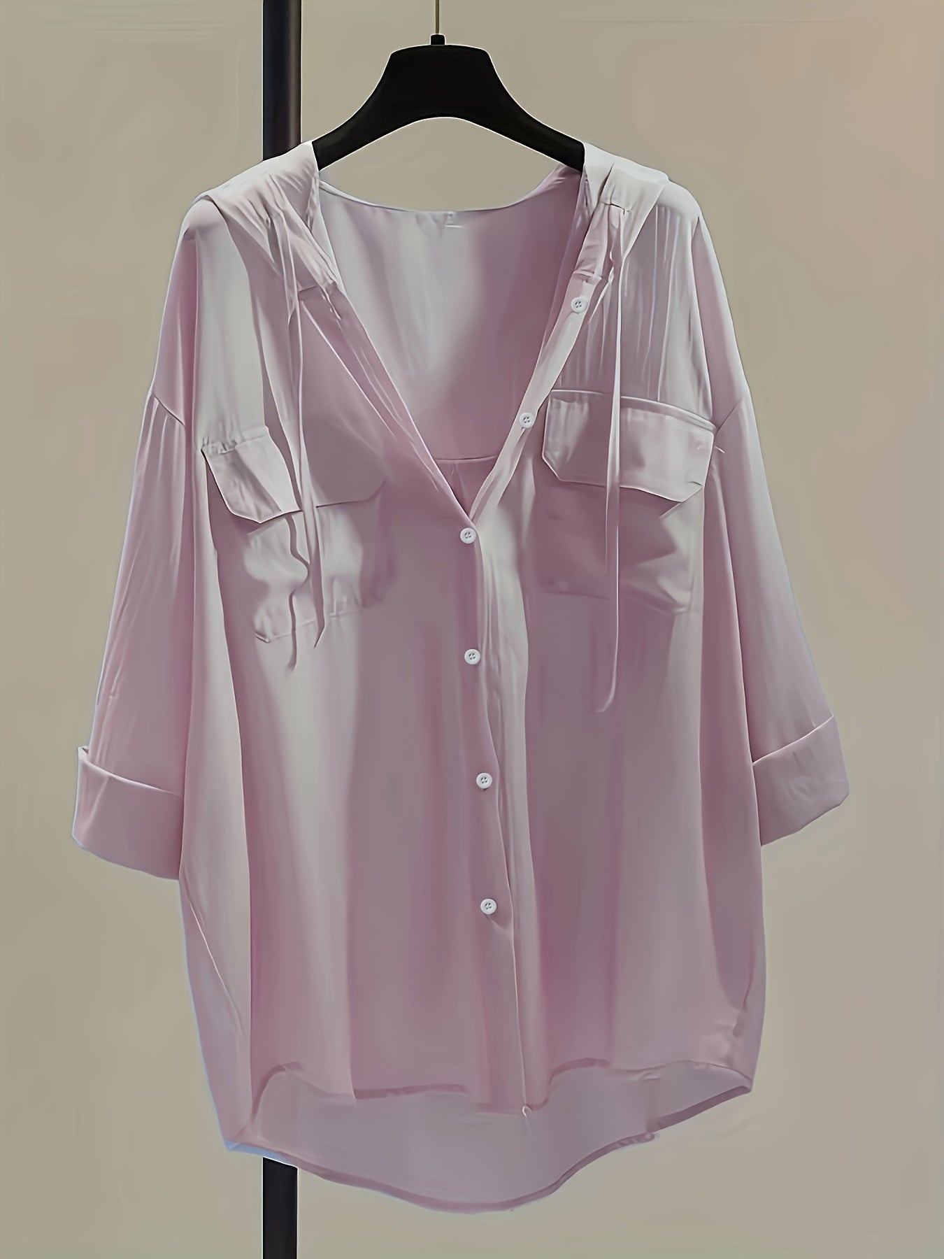 Solid Pocket Button Hooded Blouse, Casual Drawstring Blouse For Spring & Summer, Women's Clothing