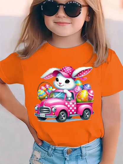 Girls' Easter Bunny Driving with Eggs Short Sleeve T-Shirt - Cute & EASTER Lettering Spring Summer Casual Round Neck Blouse for Easter Egg Hunt Outfits NY-DX5447
