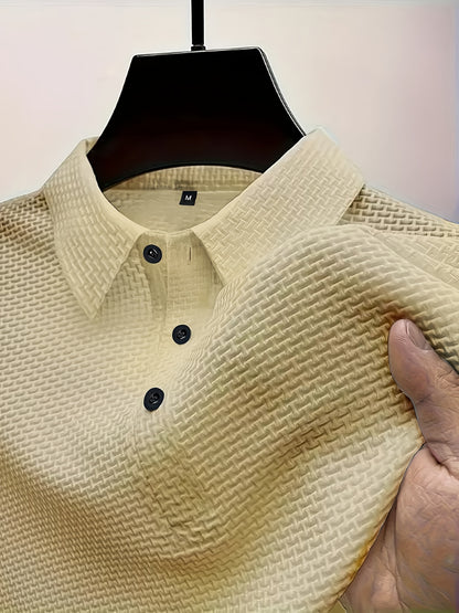 2024 New Ice Slicky Fiber Fabric Jacquard Casual Sports Top, Men's High-End Summer Solid Color Short-Sleeve T-Shirt for Golf, Fishing, Basketball, Camping, Gym Swimming and Beach Shirts with Turn Collar
