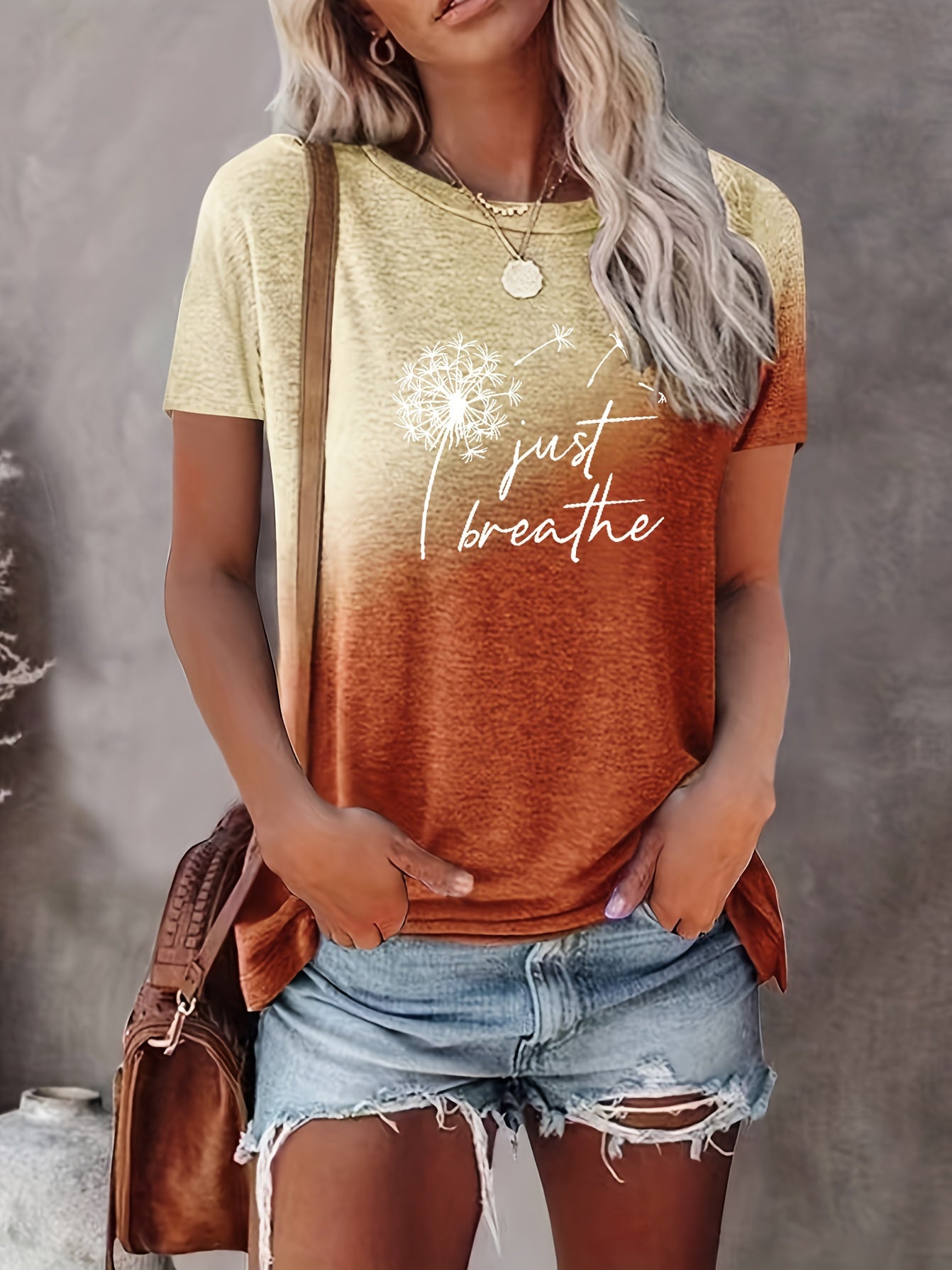 Ombre Dandelion Casual Crew Neck Tee - Easy-Care, Mid-Elasticity & All-Season Comfort