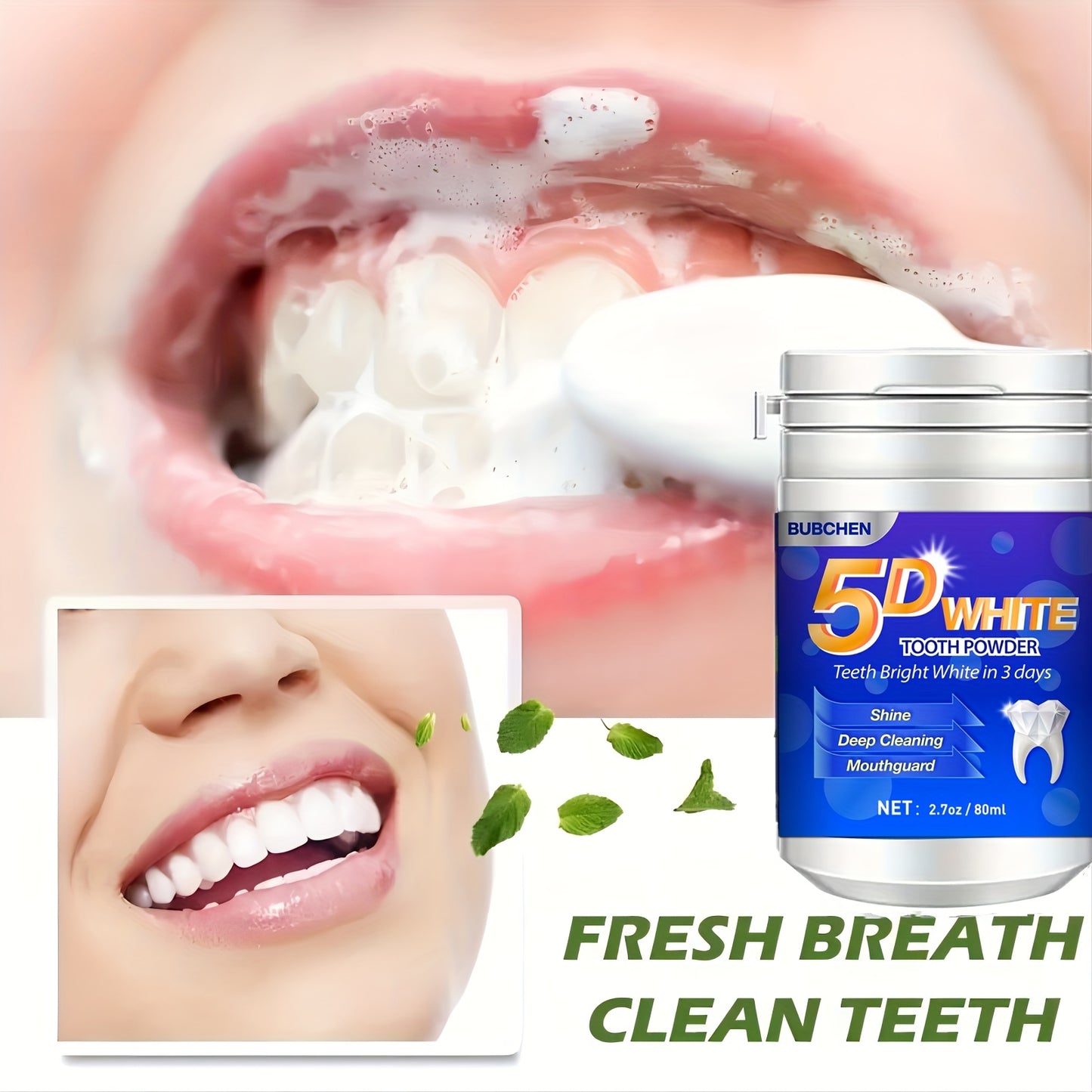 5D Bright Tooth Powder/One 80ML Bottle/Deep Cleaning Powder for Teeth/Fresh Breath Purple Toothpaste/Dental Care Items Featuring Natural Pearl Powder/Perfect for Gifts for Women