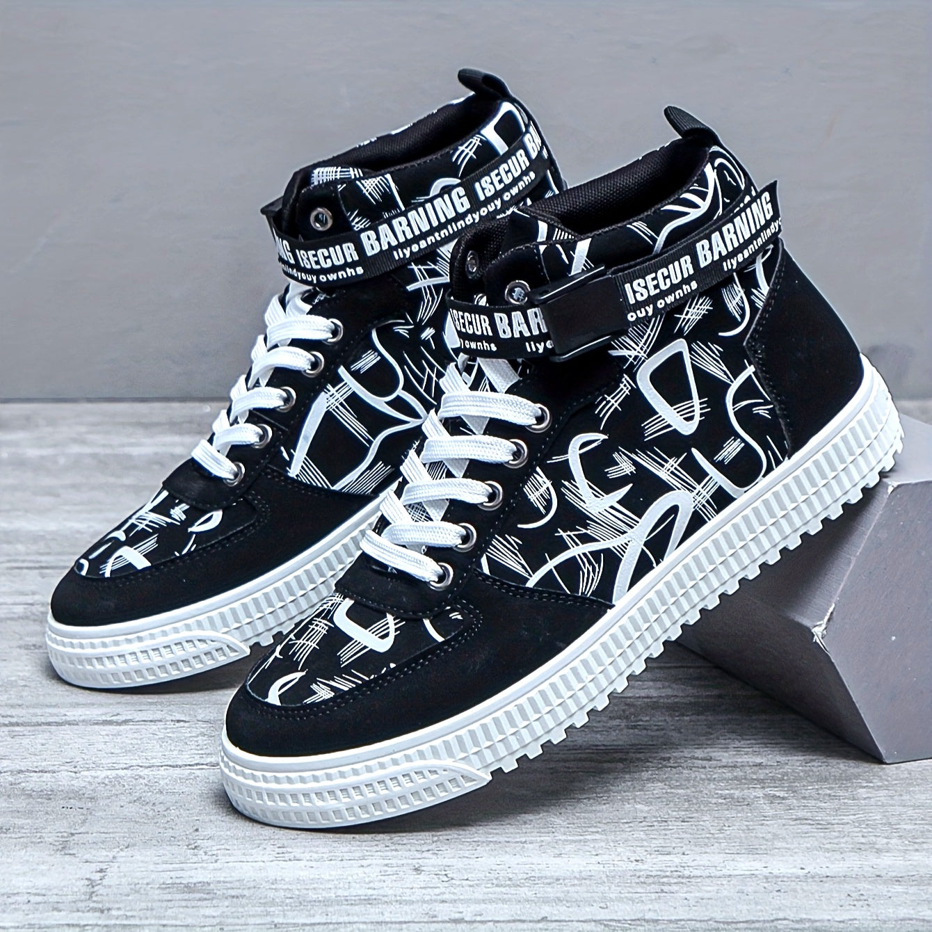 Men'S Fashionable Easy Comfortable Black Mid-Top Casual Sneakers | Non-Slip, Versatile for All Seasons, Faux Upper and Sole, Lace Closure