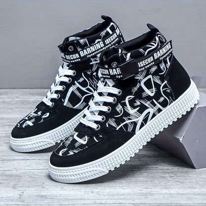 Men'S Fashionable Easy Comfortable Black Mid-Top Casual Sneakers | Non-Slip, Versatile for All Seasons, Faux Upper and Sole, Lace Closure