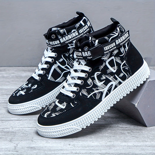 Men'S Fashionable Easy Comfortable Black Mid-Top Casual Sneakers | Non-Slip, Versatile for All Seasons, Faux Upper and Sole, Lace Closure