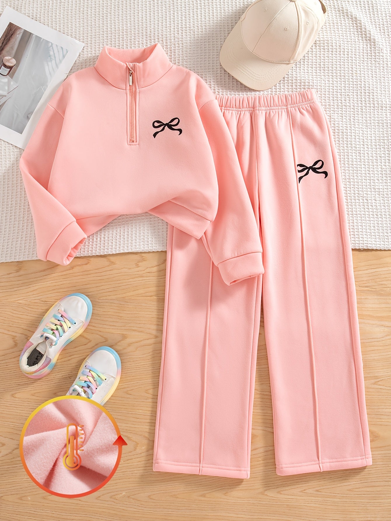 Girls' Daily Casual Outing Fashion Printed Bow Pattern Drop Shoulder Stand Collar Long Sleeve Sweatshirt and Long Pants 2pcs Set, Large Sweatshirt and Long Pants Set for Girls, Autumn/Winter, Perfect for Outdoor