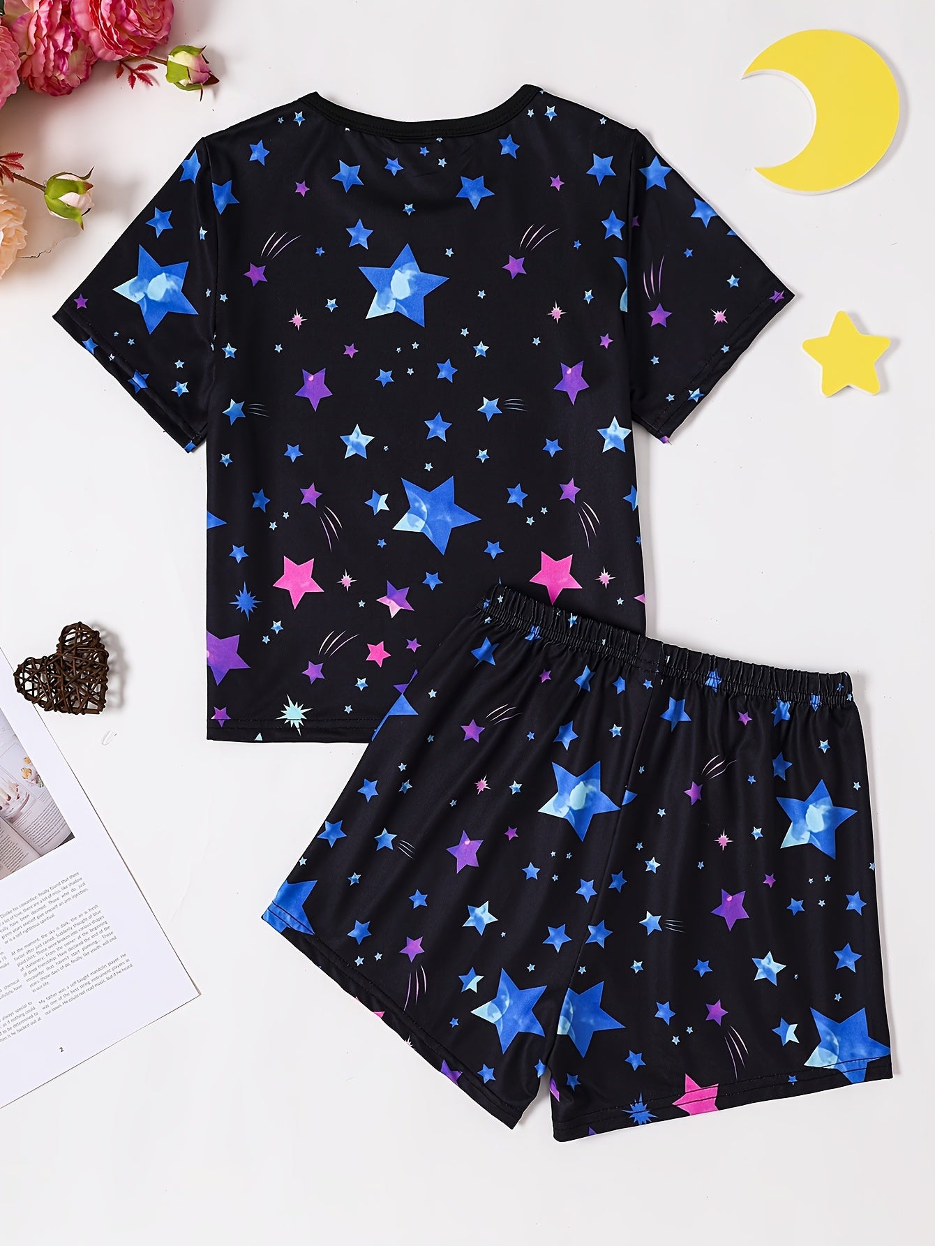 2pcs of Adorable Luminous Unicorn Star Design Short T-Shirts And Shorts Pajama Set, Soft And Skin-Friendly Princess Pajamas for Girls, Perfect for Cozy Lounging