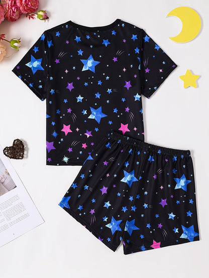 2pcs of Adorable Luminous Unicorn Star Design Short T-Shirts And Shorts Pajama Set, Soft And Skin-Friendly Princess Pajamas for Girls, Perfect for Cozy Lounging