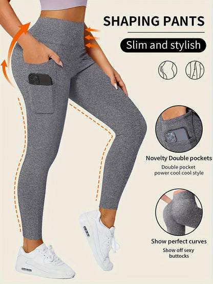 High-Waisted Leggings with Slim-Fit Double Pocket Design -  All-Season Pants, Tummy Control & Butt-Lifting for,, Casual Wear - Hand Washable Stretchy Bottoms