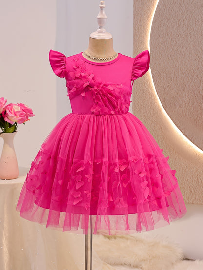COVIVIKY Sweet and Adorable Fairy Princess Dress for Girls, with Ruffled Sleeves & 3D Butterfly Appliqué Embroidery on Tulle Tutu Skirt, Suitable for Children's Parties, Dance Gatherings, Performances, and Daily Wear