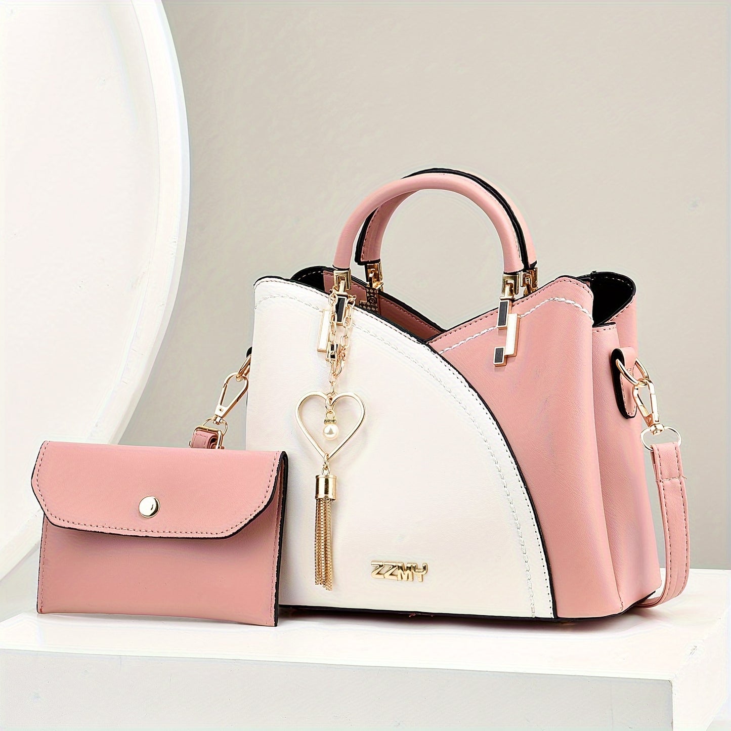 2pcs Set Fashion Colorblock Tote Bag with Shoulder Strap & Matching Clutch, Women's Elegant Handbag And Crossbody Purse Combo