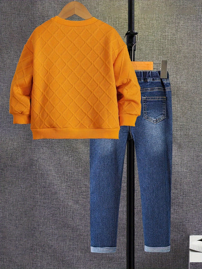 Boys' Long Sleeve Orange Crew Neck Sweatshirt with English Print Pullover and Casual Jeans Set, New Autumn Outfit Two-Piece, Perfect for Outdoor