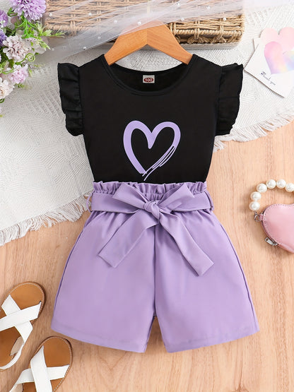 Summer Casual Girls Set/Round Neck Sleeveless Top/Solid Color Shorts with Belt/Perfect for Outdoor Activities, Casual Attire, Summer Outfit, Summer Fashion