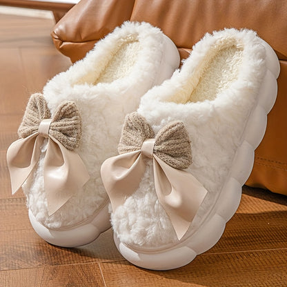 Women'S Cozy Fleece Slippers with Bow Detail - Thick Warm Indoor House Shoes, Soft Fabric Upper & PVC Sole, Cute Bow Design for Home Comfort, Winter Slippers | Playful Design | Plush Interior Lining, Women Slipper, Slipper For Woman, Maternity Slipper