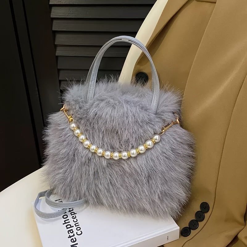 Available in 5 Colors, a Fashionable Faux Fur Crossbody Bag with Accents - Women's Soft Plush Shoulder Bag, Options in Deep Pink/white/black