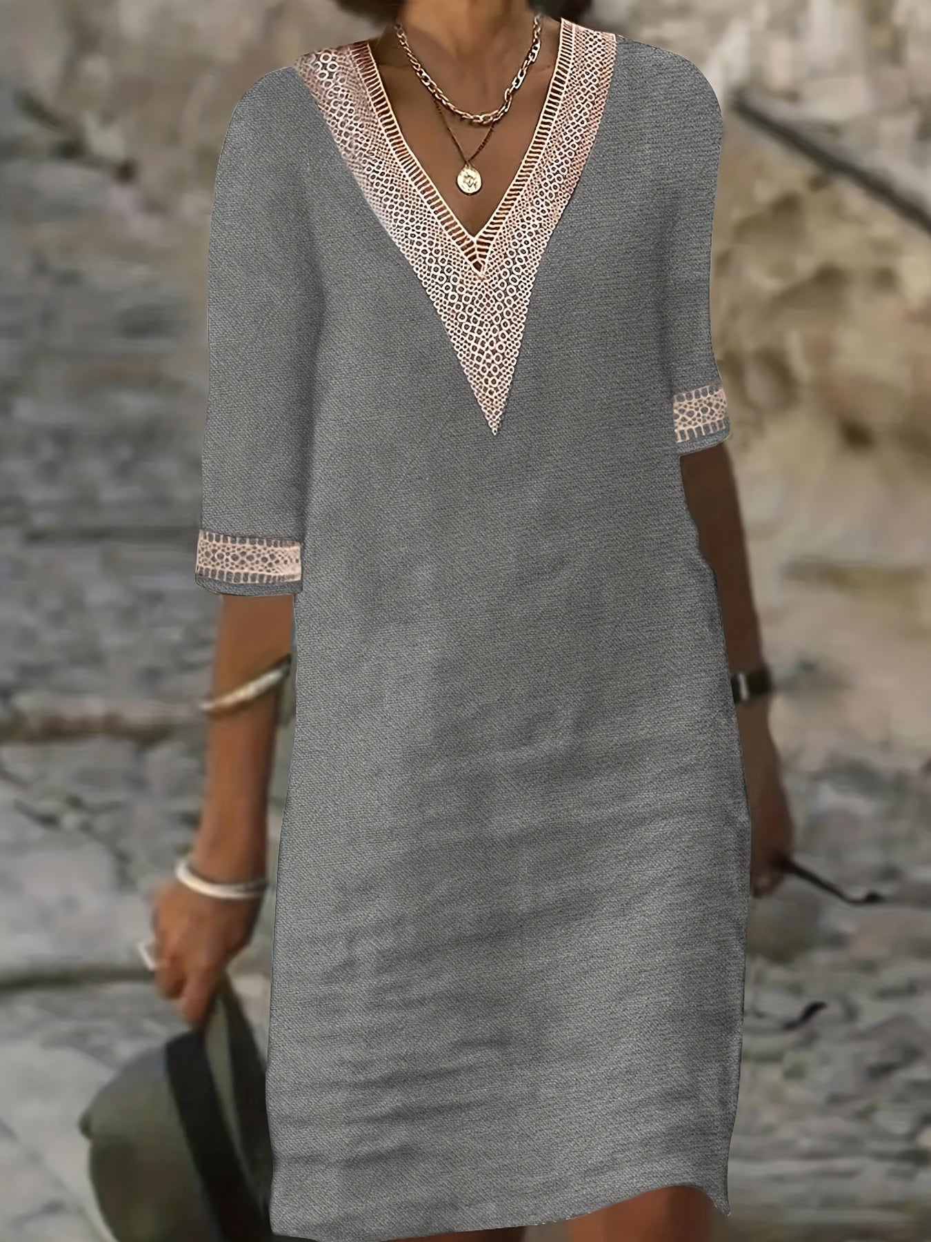 Women's Fashion V-Neck Lace Short Sleeve Dress