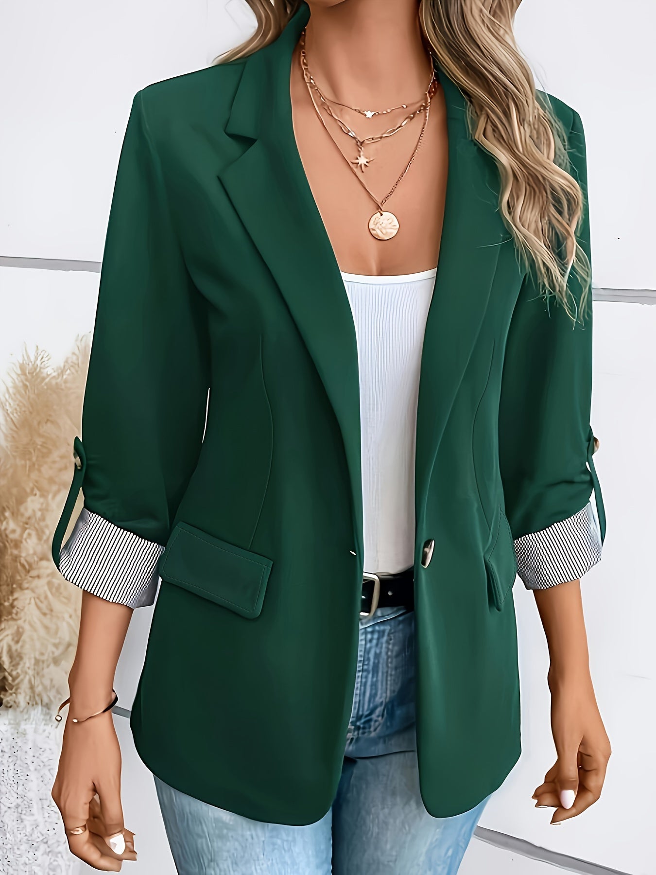 [Elegant Blazer] Polyester Elegant Light Blue Women's Blazer | Double-Breasted with Lapel Collar & Cuff Detail - Three-Quarter Sleeve, Spring/Fall Fashion Jacket