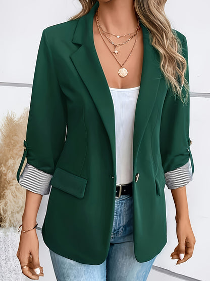 [Elegant Blazer] Polyester Elegant Light Blue Women's Blazer | Double-Breasted with Lapel Collar & Cuff Detail - Three-Quarter Sleeve, Spring/Fall Fashion Jacket