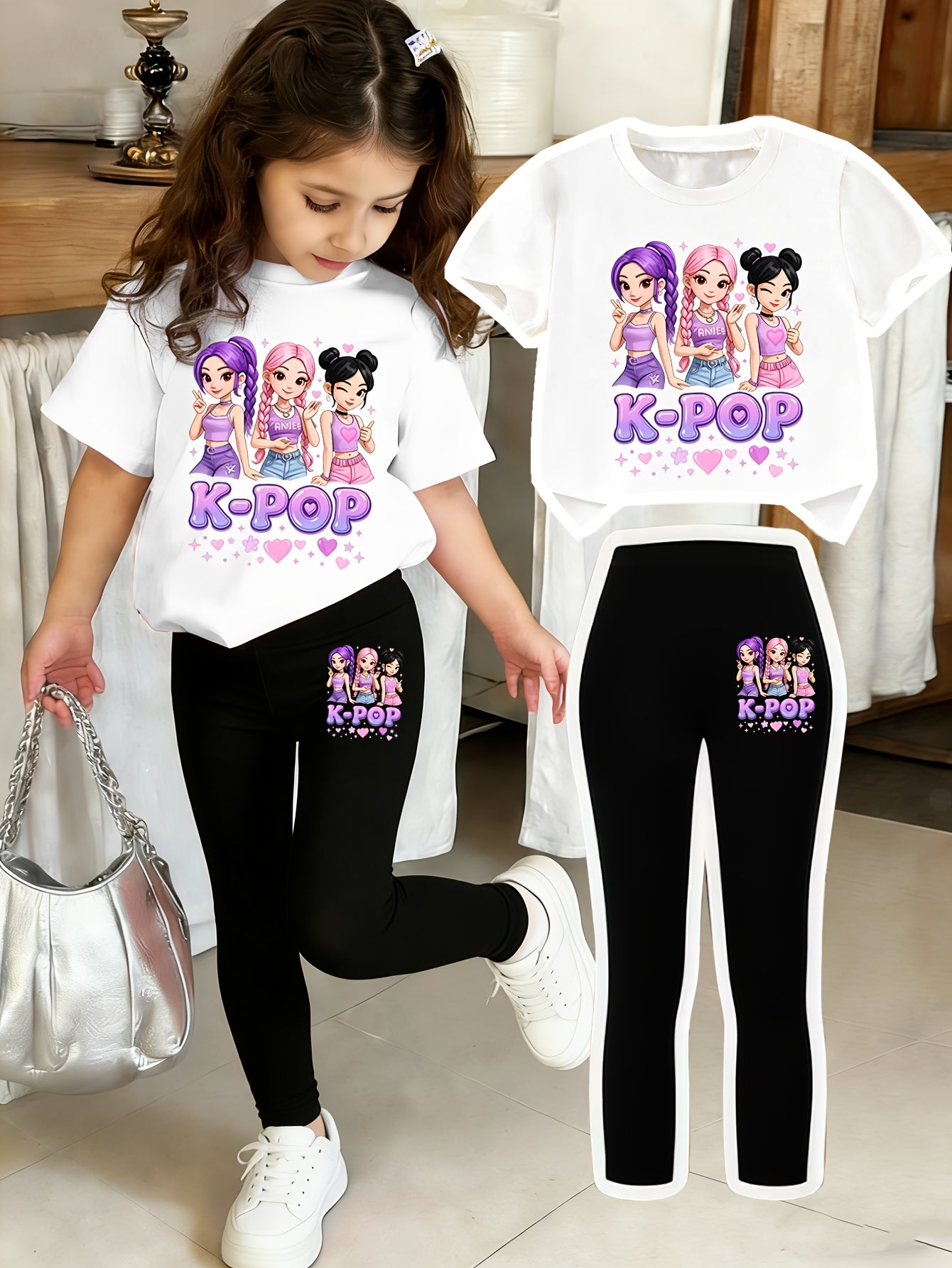 Girls' Sweet Cool K-POP Girl Group Set: Short Sleeve T-Shirt + Black Tight Pants. Skin-friendly Children's Clothing Featuring Vibrant K-POP Girl Group Cartoon Prints and "K-POP" Slogans. Sweet and Cool Korean Style with Matching Elements on Top and