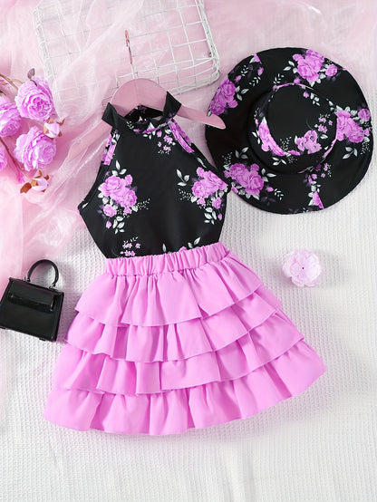 Toddler Girls Floral Galter Top & Layer Hem Skirt & Hat