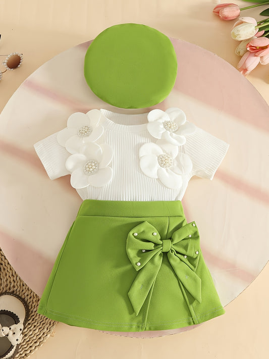 Girl's Sweet and Stylish Appliqué Short-Sleeve Top with Lining, Paired with a Bow Skirt and Beret Hat Set, Suitable for Toddler Girls as Summer Outerwear, Latest Summer Clothing for Baby Girls, Perfect for Outdoor