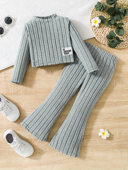 Young Girl Letter Collage Detail T-Shirt And Flared Pants, for Outdoor