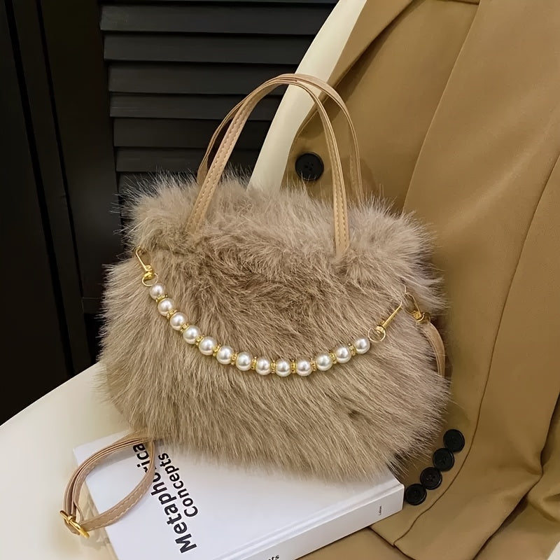 Available in 5 Colors, a Fashionable Faux Fur Crossbody Bag with Accents - Women's Soft Plush Shoulder Bag, Options in Deep Pink/white/black