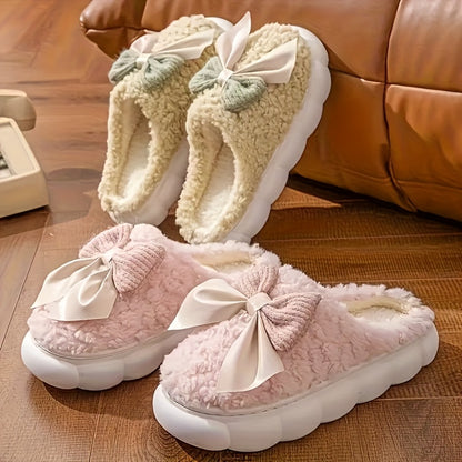 Women'S Cozy Fleece Slippers with Bow Detail - Thick Warm Indoor House Shoes, Soft Fabric Upper & PVC Sole, Cute Bow Design for Home Comfort, Winter Slippers | Playful Design | Plush Interior Lining, Women Slipper, Slipper For Woman, Maternity Slipper