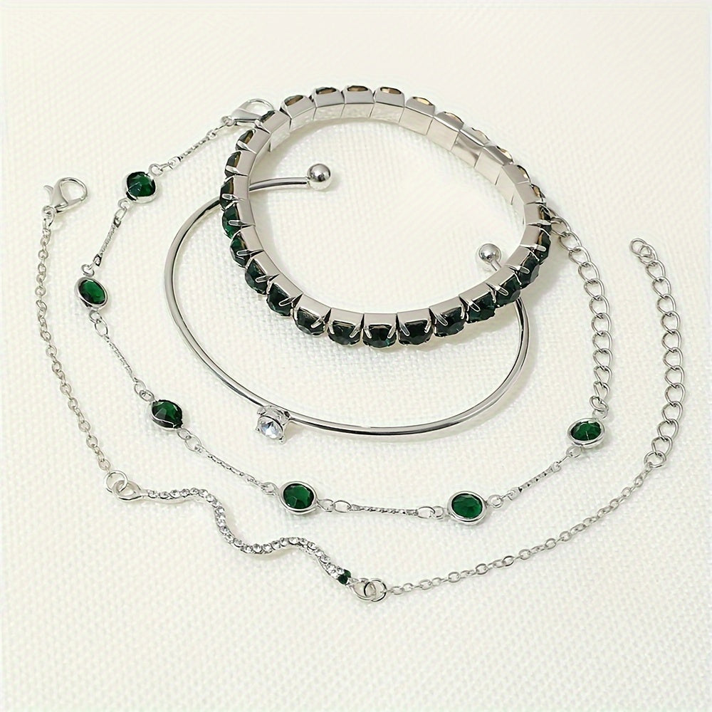 Set of 4 Elegant And Sexy Green Faux Gemstone Rhinestone Claw Chain Snake-Shaped Bracelets with Open Bangles