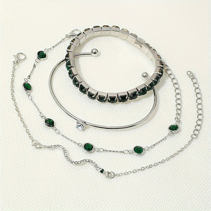Set of 4 Elegant And Sexy Green Faux Gemstone Rhinestone Claw Chain Snake-Shaped Bracelets with Open Bangles