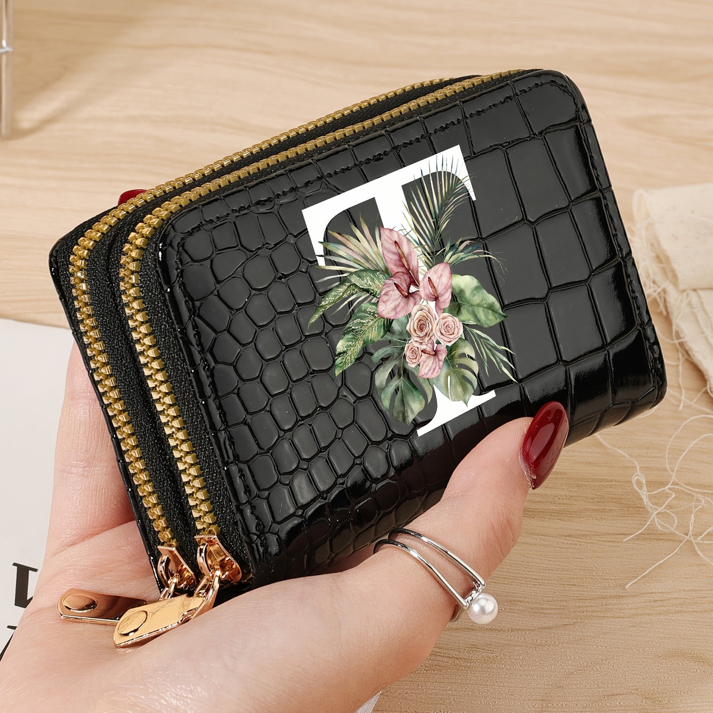 Simple, Stylish, Elegant Letter Printed Women's Credit Card Wallet, Large Capacity Multi Card Holder, Double Zipper Card Holder