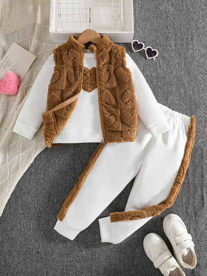 3pcs Girls' Casual Set/Plush Heart Jacquard Vest+Heart Embroidery Top+Plush Patchwork Pants/Warm Autumn Winter Fashion/Perfect for Outings Outdoor Activities