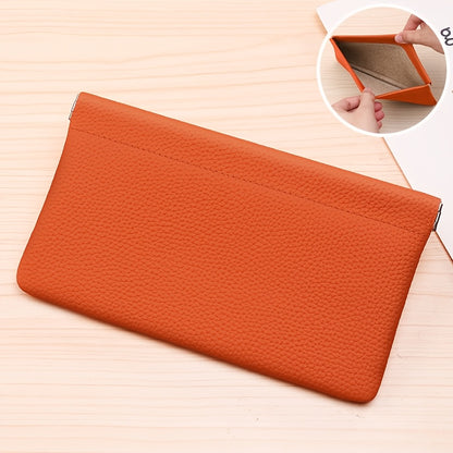 Self-Closing Genuine Leather Long Wallet with Zipper Closure - Compact Travel Organizer for Cash, Cards, Passport, Headphones & Cables - Durable Everyday Use Cosmetic Pouch, Minimalist Design, Highquality Stitching