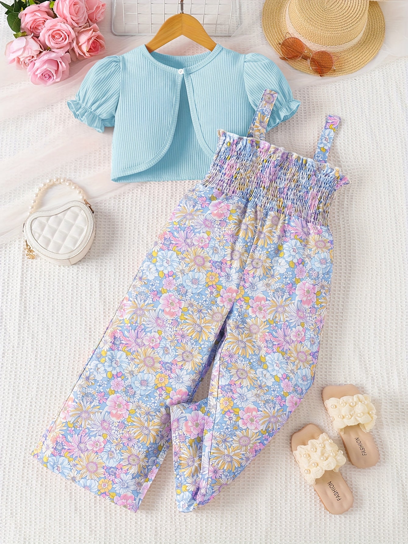 Suit Summer Floral Print Pleated Suspender Jumpsuit Plus Cardigan Jacket Two-Piece Set
