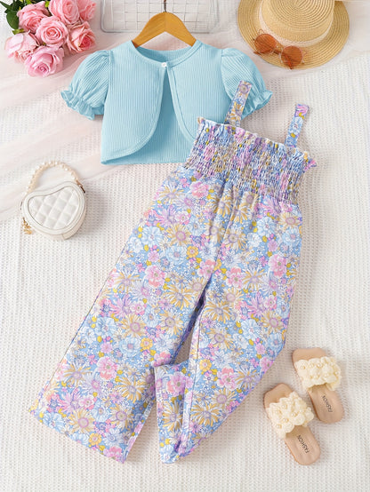 Suit Summer Floral Print Pleated Suspender Jumpsuit Plus Cardigan Jacket Two-Piece Set