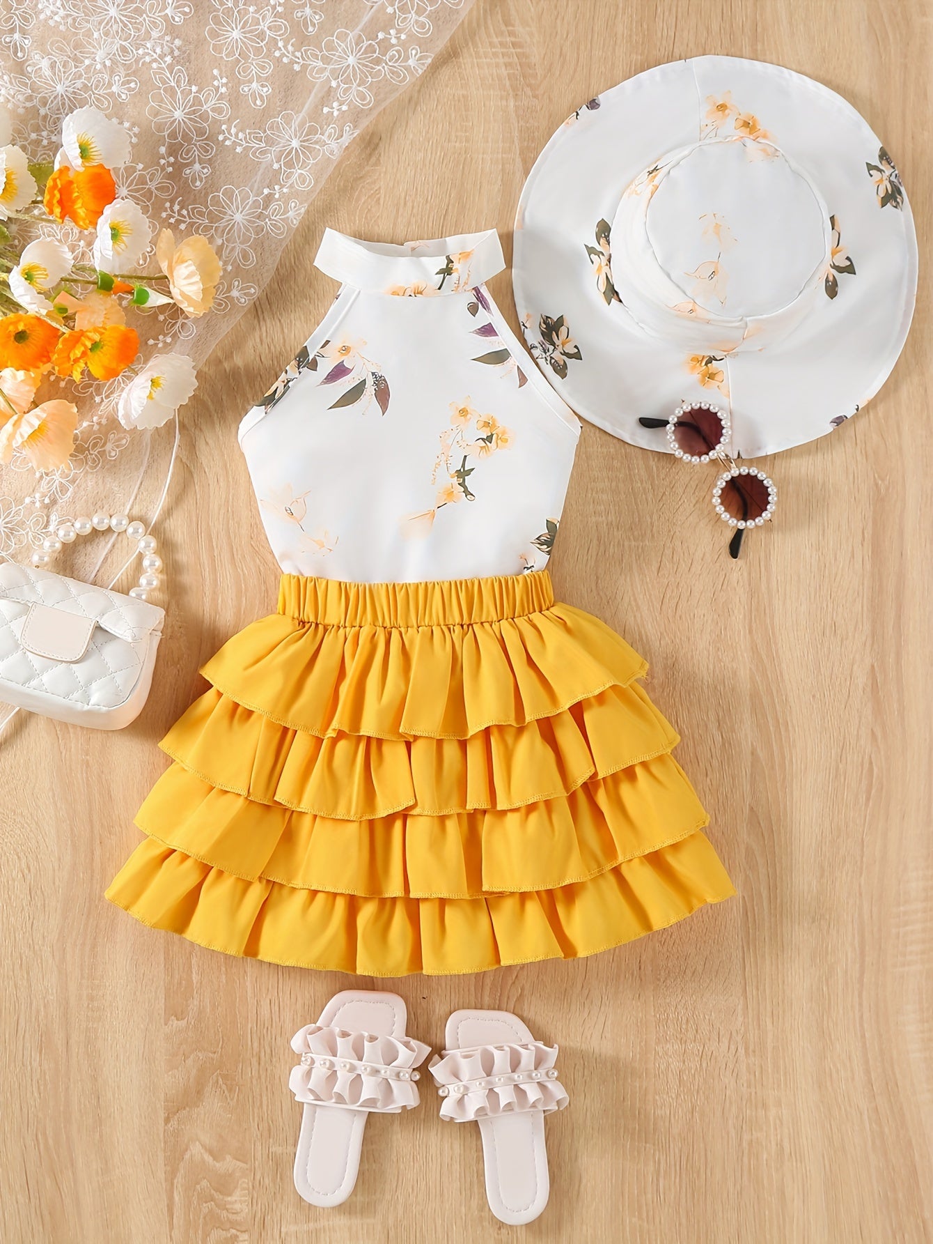 Toddler Girls Floral Galter Top & Layer Hem Skirt & Hat