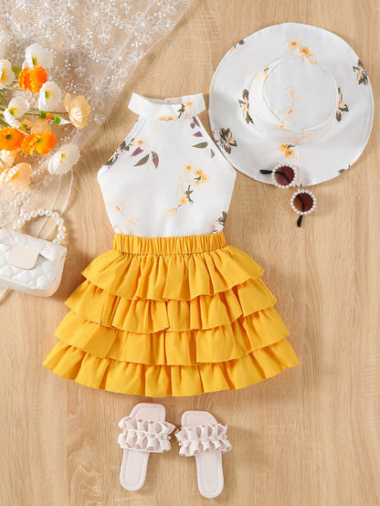 Toddler Girls Floral Galter Top & Layer Hem Skirt & Hat